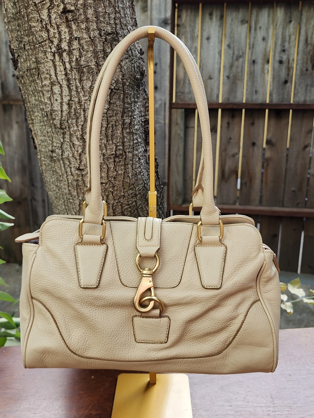 Wilsons Leather Cream Beige Pebbled Leather Satchel Shoulder Bag Top Handle